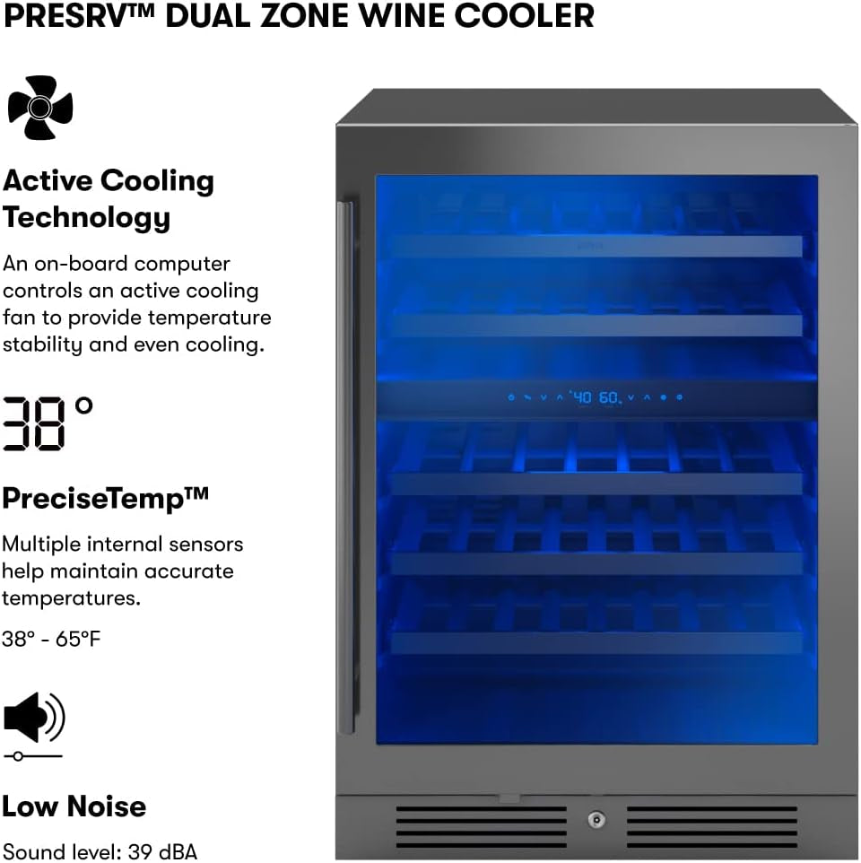 Zephyr Presrv 24" Dual Zone Wine Fridge - Stylish Mini Cooler for 45 Bottles, Perfect for Home Bar and Countertop Use, Freestanding with Elegant Glass Door