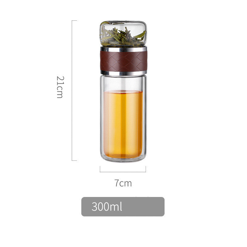 Color: Brown and cup cover, Size: 300ml - Tea separation glass cups, tea cups, double glass cups