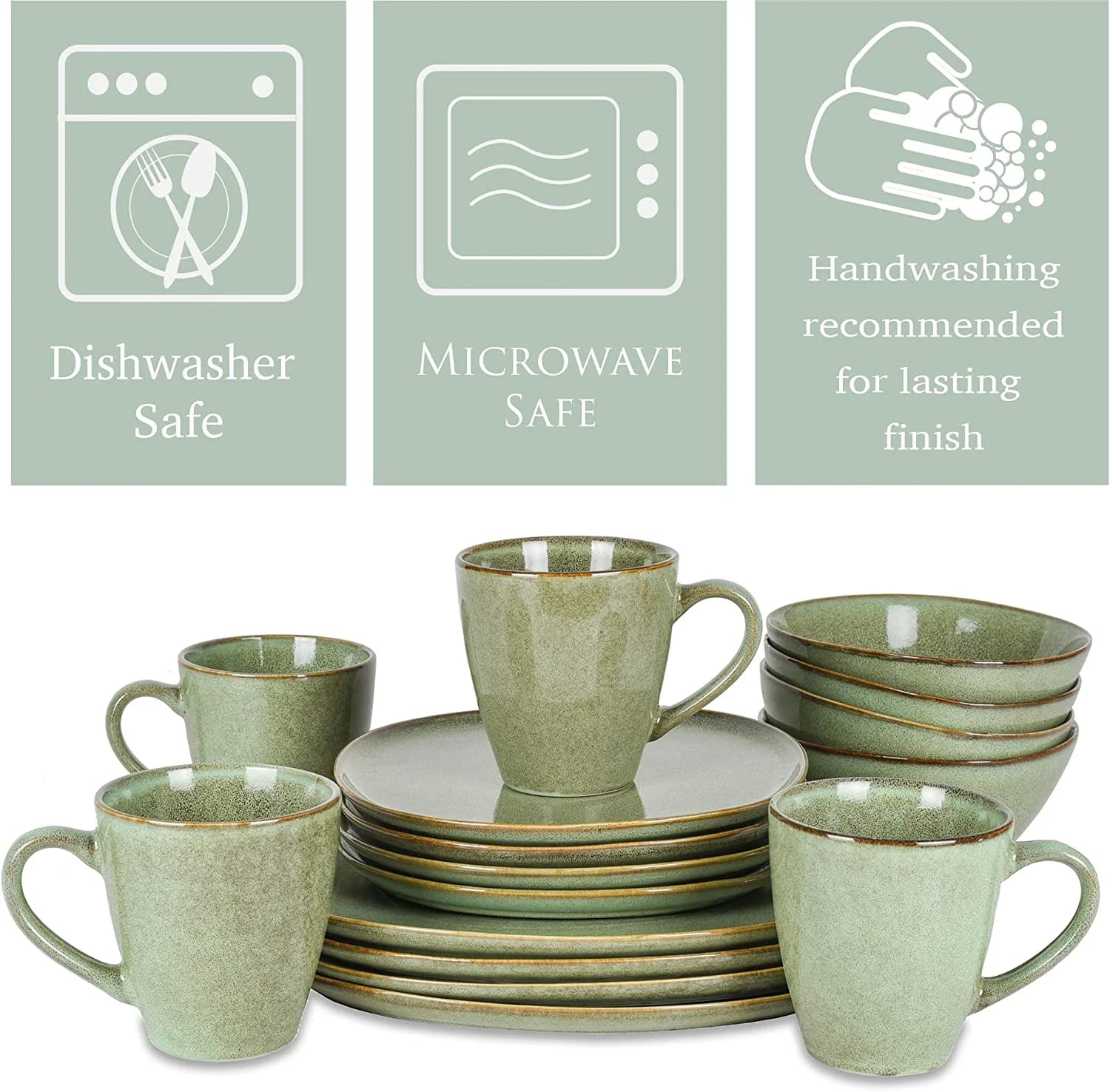 Elanze Designs Modern Chic Smooth Ceramic Stoneware Dinnerware 16 Piece Set - Service for 4, Sage Green