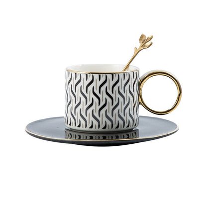 Geometric Ceramic Coffee Cup, Gold-Painted O-Handle Mug