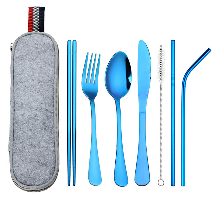 Color: Blue - Stainless Steel Travel Carrying Case Outdoor Cutlery Set