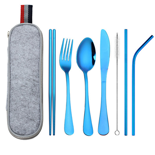 Color: Blue - Stainless Steel Travel Carrying Case Outdoor Cutlery Set