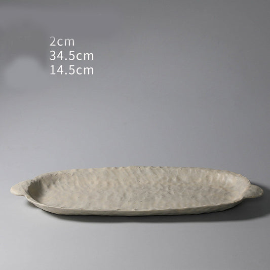 Color: Long plate - Hand-squeezed Dinner Plate Household Stoneware Tableware Bowls And Dishes Personalized Dinner Plate Binaural Handmade Special-shaped Plate