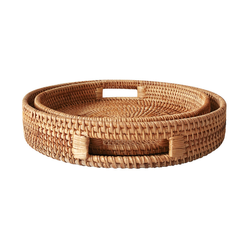 Color: Two piece suit - Vietnam Hand-Woven Rattan Straw Woven Fruit Tray Fruit Basket Tea Tray Tray Round Handle Creative Storage Basket Living Room