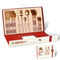 Color: Pink gold - Portugal Stainless Steel Knife, Fork And Spoon Gold-Plated Spray Paint 24-Piece Gift Tableware Set