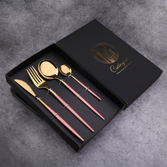 Color: Main four pink gold - Four-Piece Set, Golden Knife And Fork, Portuguese Western Tableware Set