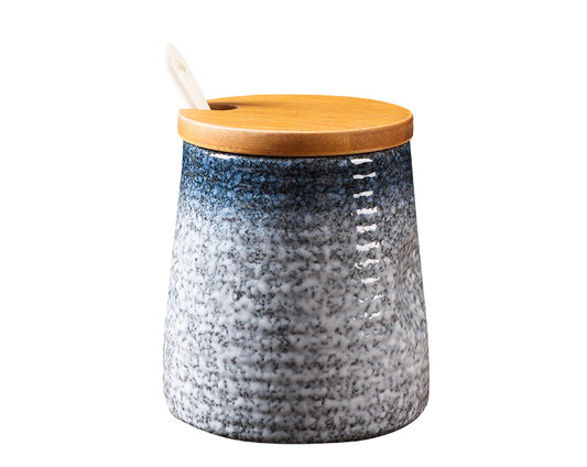 Color: Large sapphire and blues jar - Japanese Seasoning Pot Ceramic Suit Restaurant Seasoning Pot With Cover Commercial Salt Pot Chili Oil Tank Household Kitchen
