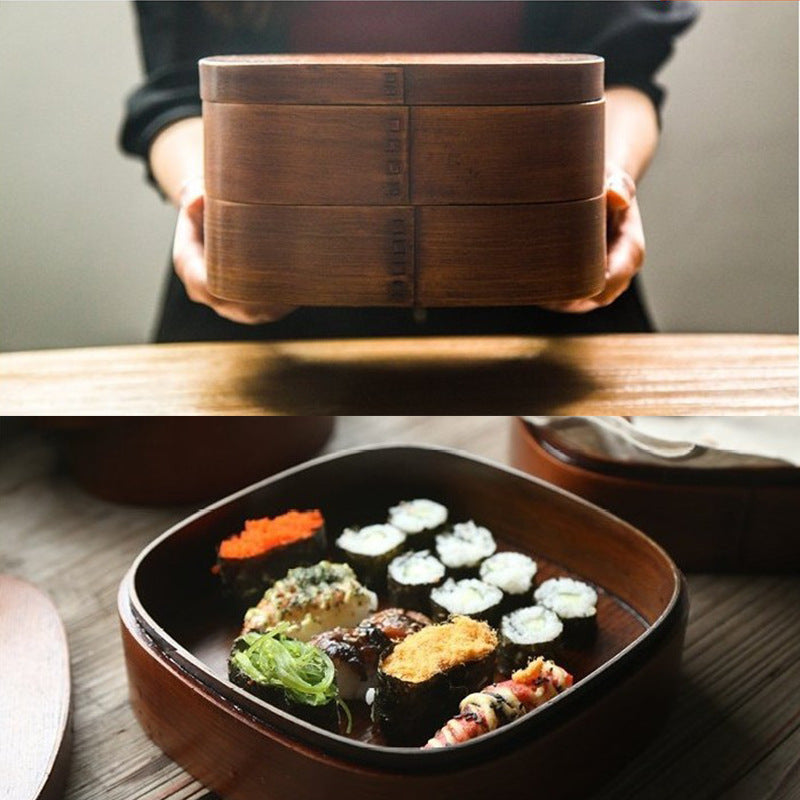 Color: Black coffee - Solid Wood Double-layer Large Bento  Box Lunch Box Sushi Box Picnic Pox