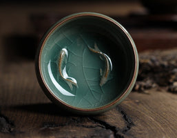 Celadon Tea Set, Tasting Cup, Small Fish Tea Cup, Geyao Ice Cracked Glazed Carp Cup, Small Tea Bowl