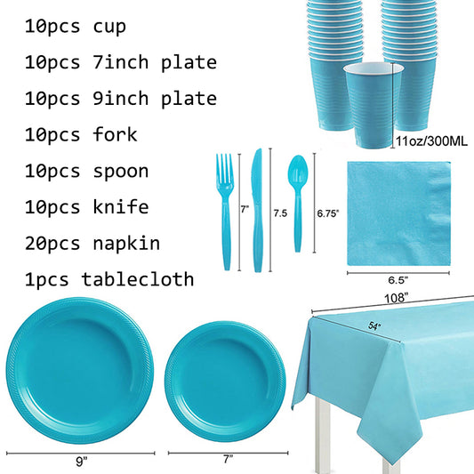 Color: Light Blue, Dimensions: 7inch plastic board 10PCS - Monochrome Party Set Disposable Plastic Plate Cup Birthday Party Decoration For 20 People