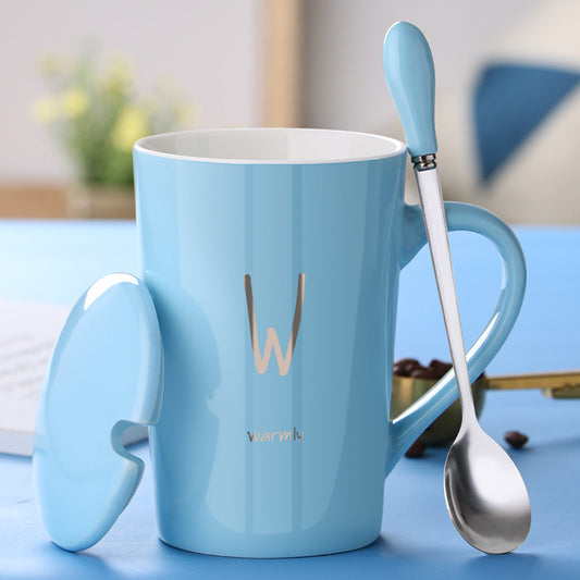 Color: Blue, style: W-4000ML, capacity:  - Ceramic Mug With Lid Spoon Trend Couple Drinking Cup