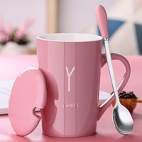 Color: Pink, style: Y-4000ML, capacity:  - Ceramic Mug With Lid Spoon Trend Couple Drinking Cup