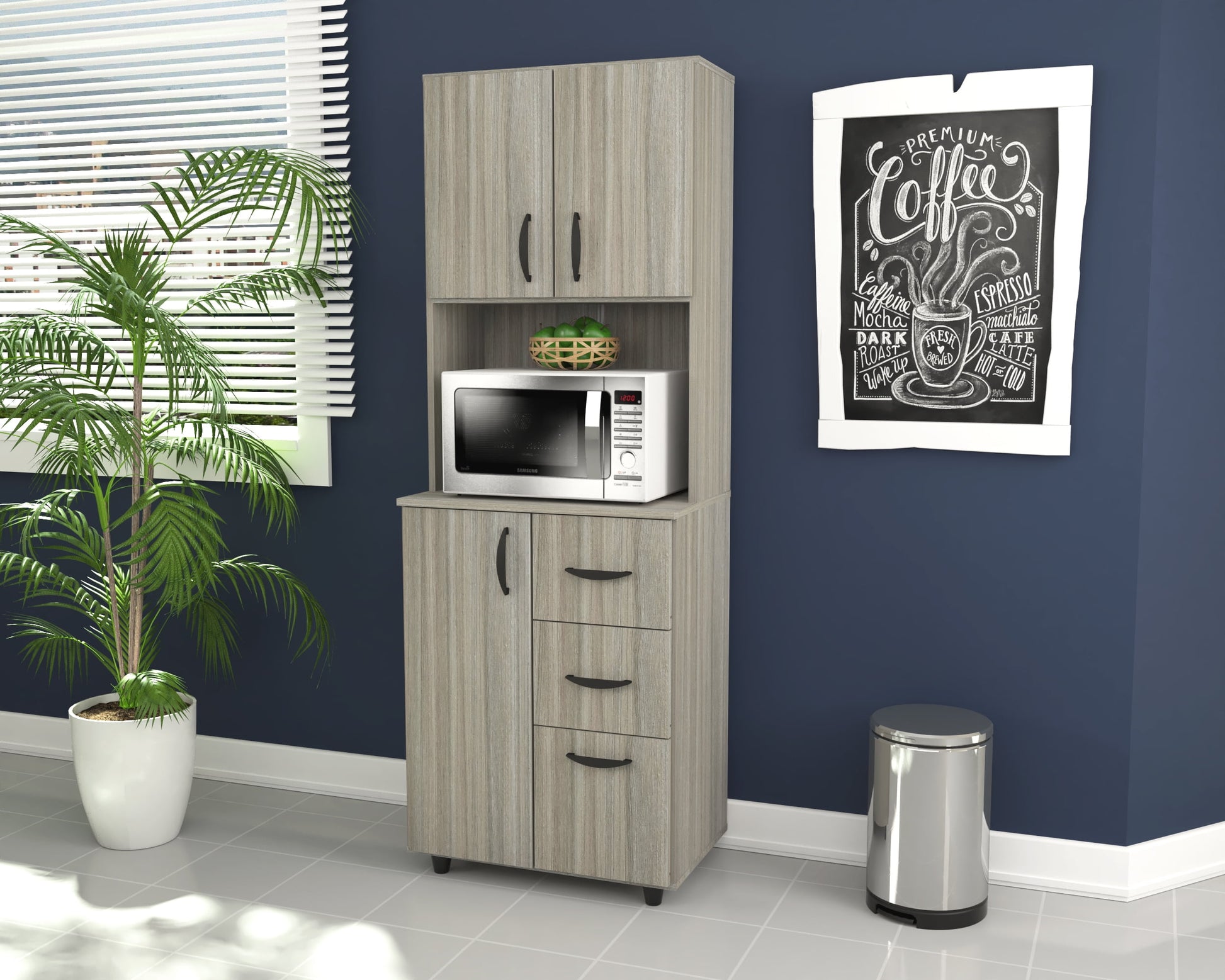 INVAL 3-Drawer 4-Shelf Kitchen/Microwave Storage Cabinet in Gray Smoke Oak