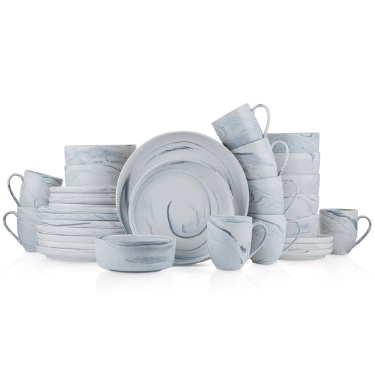 Stone Lain Brighton 32-Piece Porcelain Dish Set for 8, Marbled White and Grey