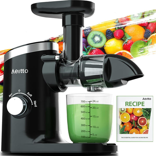 Aeitto Cold Press Juicer - High Juice Yield, Quiet Operation, Easy Cleaning Brush, Soft & Hard Modes, Reverse Function, Perfect for Fruits and Vegetables - Black