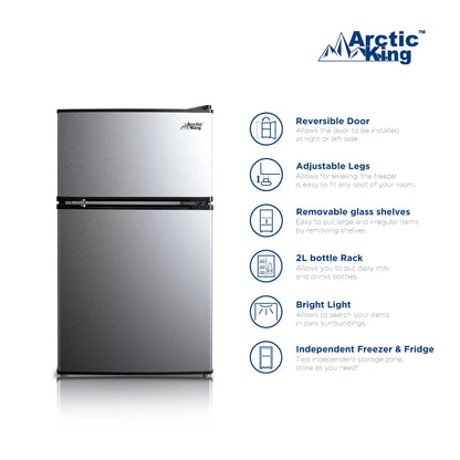 Arctic King 3.2 Cu Ft Two Door Mini Fridge with Freezer, Stainless Steel, E-Star