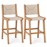 Set of 2 Outdoor Counter Height Bar Stool Woven Paper Rope Patio Barstool with Teak Wood Frame