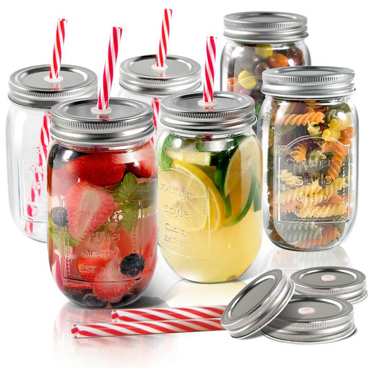Mason Jars Wide Mouth with Lid,Container Clear Glass Bottle,Juice Container,Glass Bottle with Straw,Kitchen Utensils,6 Count Canister Tin,Two Styles Transparent Oval