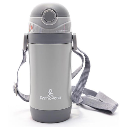 Primo Passi Insulated Straw Water Bottle for Kids - 12oz Stainless Steel in Sleek Grey