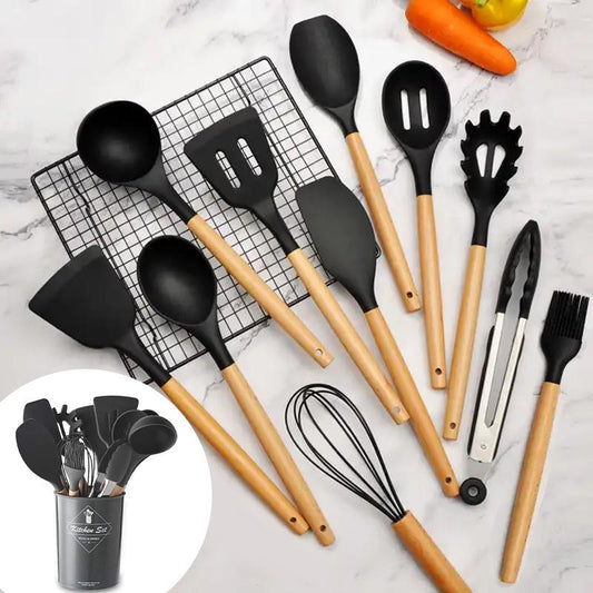 Silicone Kitchen Cooking Utensils Set, 12Pcs/Set Heat Resistant, Tongs, Spatula, Spoon, Brush, Whisk, Wooden Handle Kitchen Gadgets with Holder