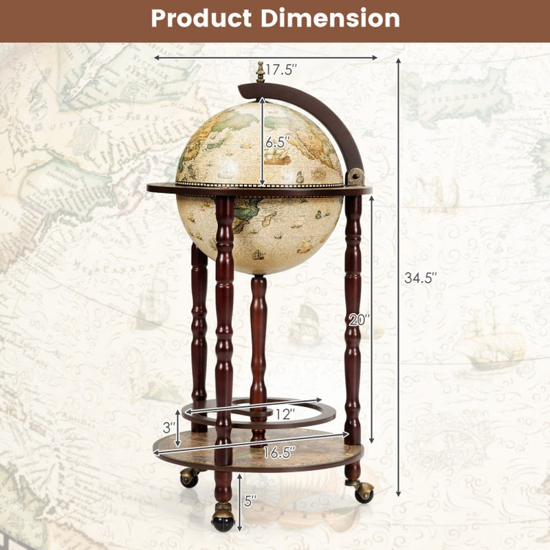 17-Inch Italian-Style Wooden Globe Liquor Bottle and Wine Rack with Wheels