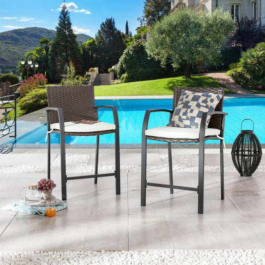 LOKATSE HOME 2 PCS Outdoor Patio Wicker Bar Stools, Height Chairs with Armrest and Cushion for Backyard Deck Lawn Garden