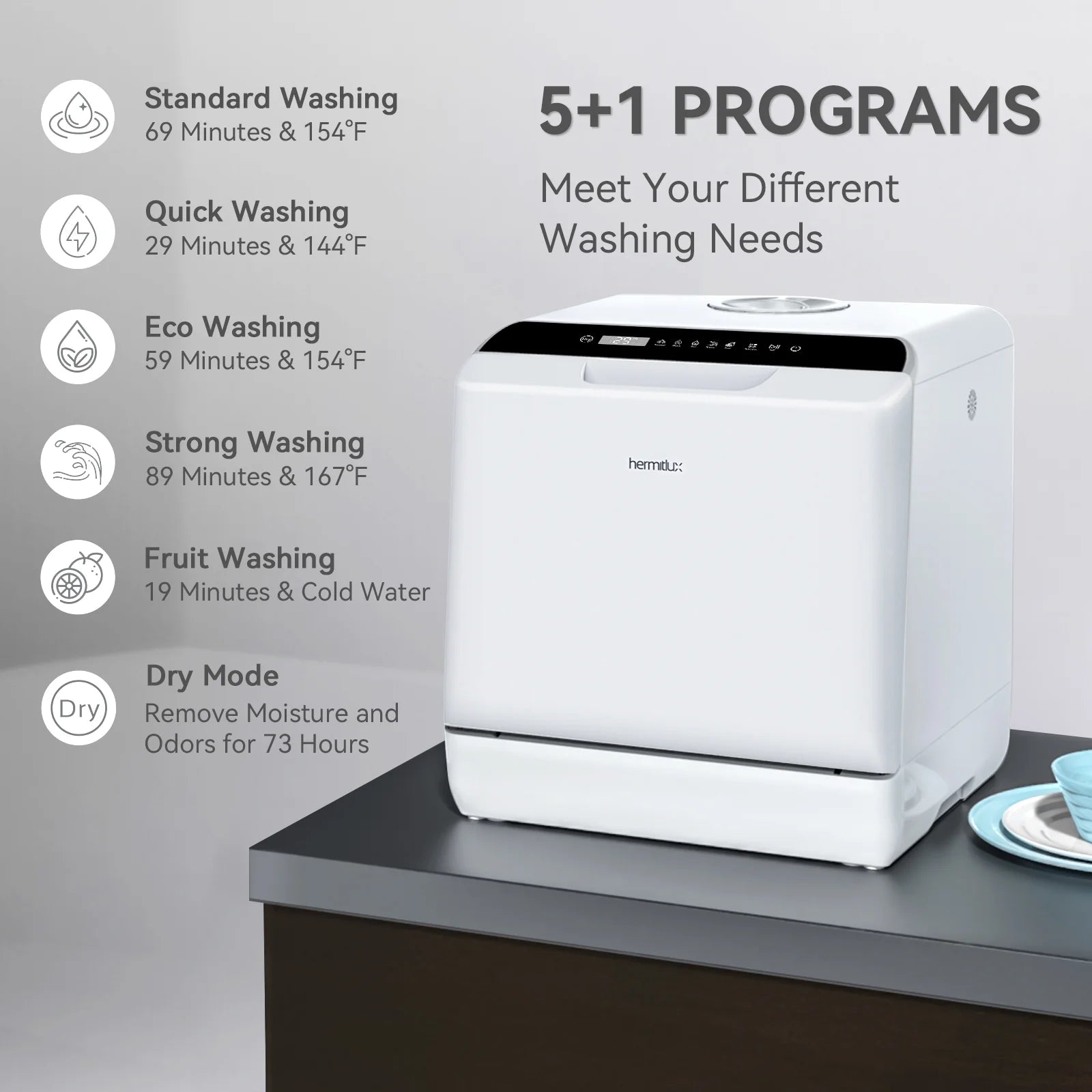 Hermitlux HMX-DW04 Countertop Portable Dishwasher with 5 Washing Programs and 5-Liter Water Tank