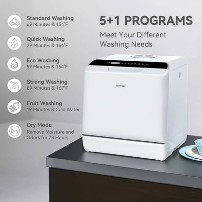 Hermitlux HMX-DW04 Countertop Portable Dishwasher with 5 Washing Programs and 5-Liter Water Tank