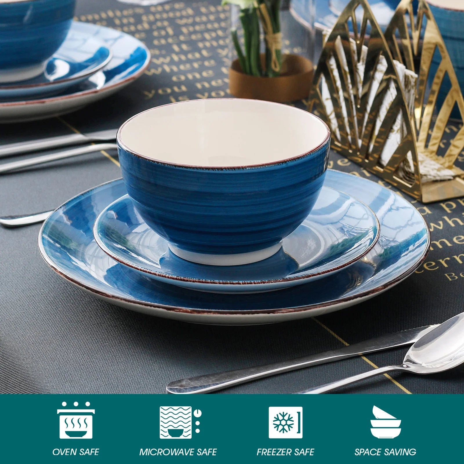 Vancasso, Series Bella, 32-Piece Stoneware Dinnerware Set, Blue Dinner Set, Service for 8
