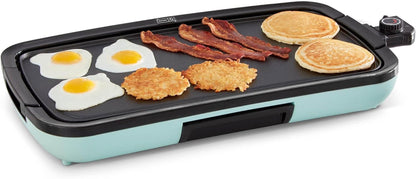 DASH Deluxe Electric Griddle - 1500W Nonstick Plate for Perfect Pancakes, Burgers & More - Easy Clean with Drip Tray & Recipe Book - Aqua 20” x 10.5”