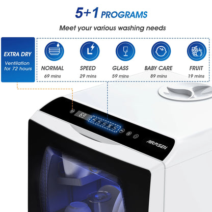 AIRMSEN Portable Countertop Dishwasher with 5-Liter Built-In Water Tank and Air-Dry Function, 5 Washing Programs Mini Dishwasher, AE-TDQR03