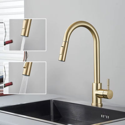 Kitchen Faucet Brushed Gold Pull Out Kitchen Sink Water Tap Single Handle Mixer Tap 360 Rotation Kitchen Shower Faucet