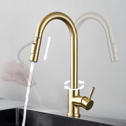 Kitchen Faucet Brushed Gold Pull Out Kitchen Sink Water Tap Single Handle Mixer Tap 360 Rotation Kitchen Shower Faucet