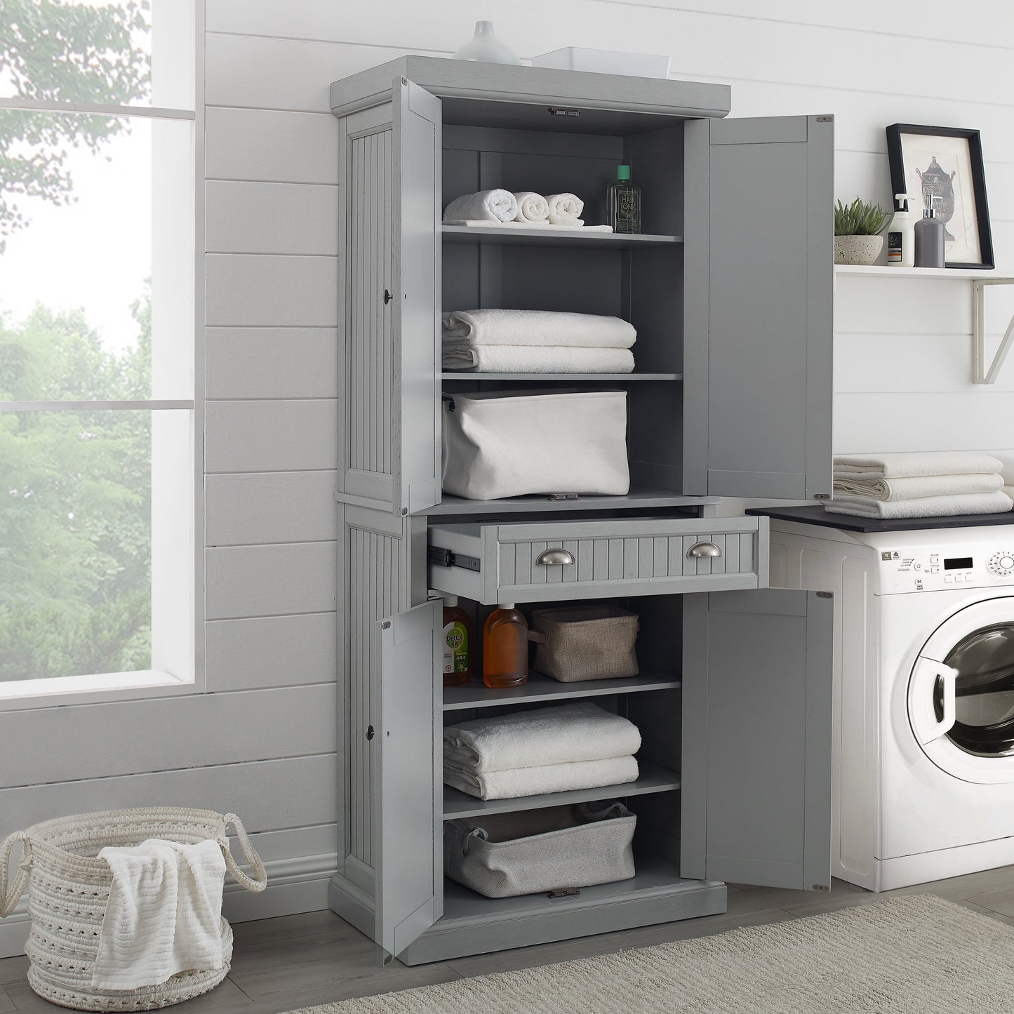 Crosley Furniture Seaside Coastal Pantry with Distressed Gray and Gold Finish