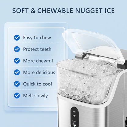 Simzlife Nugget Ice Maker Countertop, Portable Ice Maker Machine with Self-Cleaning Function, 35Lbs/Day, Soft Chewable Pellet Ice, Silver