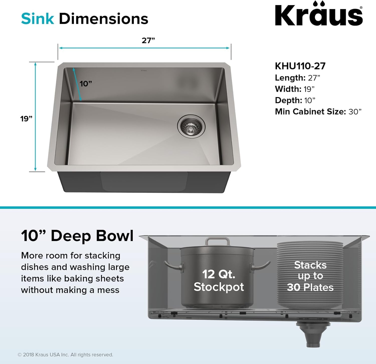 KHU110-27 PRO 27-Inch Undermount Sink Bundle - Complete Set with Sink, Bottom Grid, Assembly, Drain Cap, and Kitchen Towel