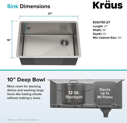 KHU110-27 PRO 27-Inch Undermount Sink Bundle - Complete Set with Sink, Bottom Grid, Assembly, Drain Cap, and Kitchen Towel