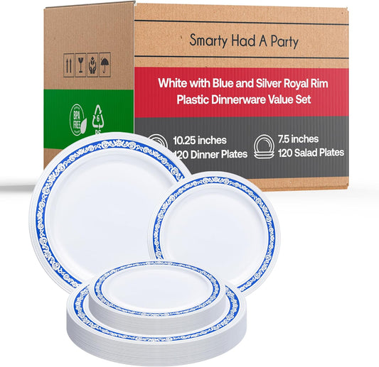 Elegant Disposable Plastic Plates - 240 Count, 120 Heavy-Duty Dinner Plates & 120 Dessert/Salad/Appetizer Plates, White with Blue & Silver Royal Rim, Ideal for Weddings, Birthday Parties & All Occasions