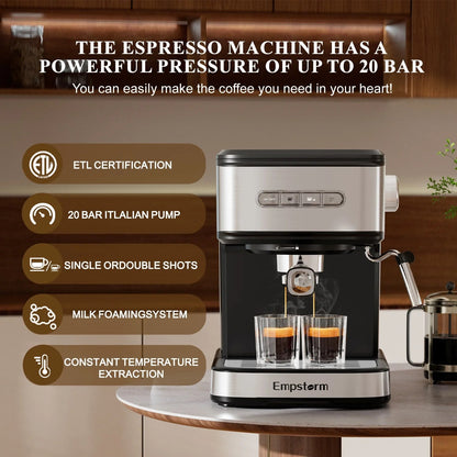Empstorm 20-Bar Espresso Machine, Dual-Cup Coffee Maker with 1.5L Water Tank and Milk Frother, Black