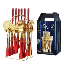 24Pcs Stainless Steel Dinnerware Set Knife Fork Spoon Tableware Flatware Set Festival Kitchen Dinnerware Gift Golden Cutlery Set