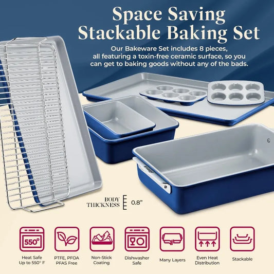 8-Piece Stackable Bakeware Set  Ceramic Non-Stick Coating, Baking Sheets, Assorted Baking Pans, PTFE, PFOA & PFOS