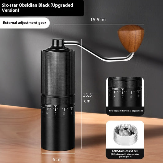 Specifications: SIX STAR Dark Black - External Adjustment Manual Grinding Machine Steel Core Seven-star Household Coffee Grinder Outdoor Portable