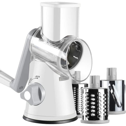 Rotary Cheese Grater with Handle, Manual Speed round Cheese Shredder with Strong Suction Base, Easy to Use Potato Hashbrown Shredder with 3 Replaceable Stainless Steel Drum (Black)