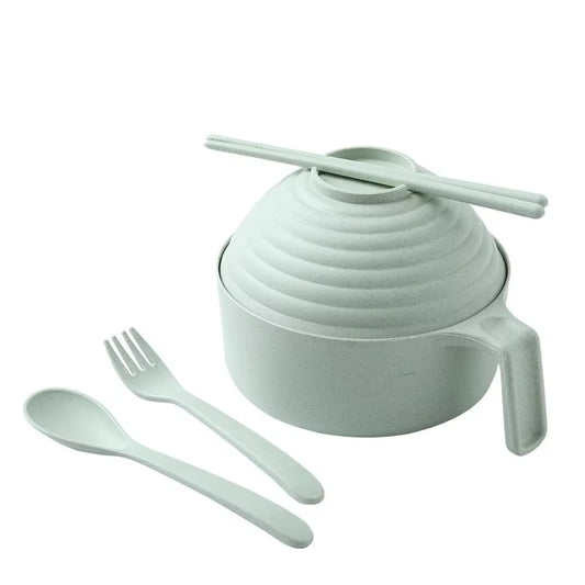 5-Piece Wheat Straw Multifunctional Dinnerware Set with Lid, Spoon, Fork, and Chopsticks - Microwavable Anti-Hot Bowls