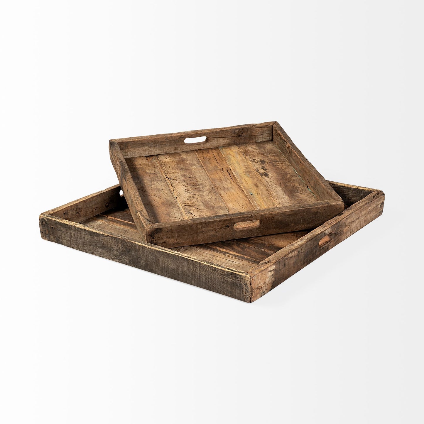 Set of Two Brown Wood Indoor Outdoor Tray With Handles