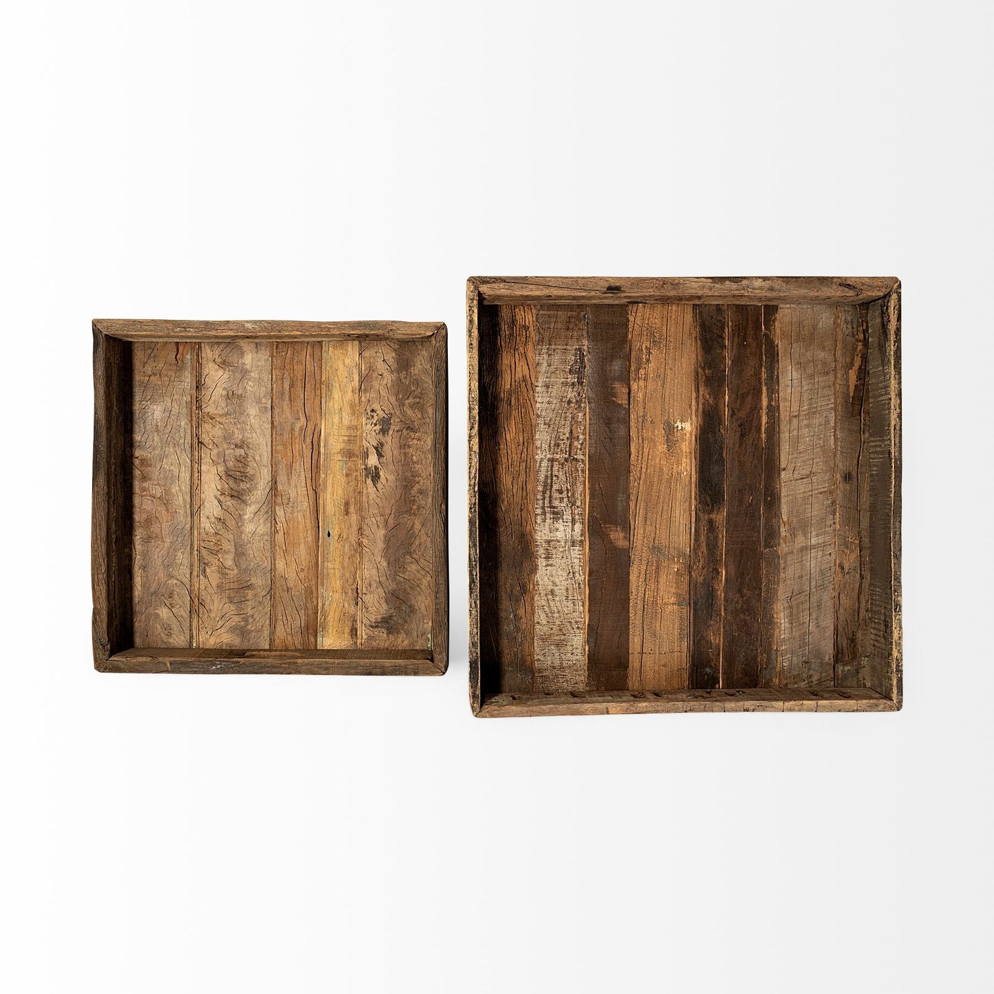 Set of Two Brown Wood Indoor Outdoor Tray With Handles
