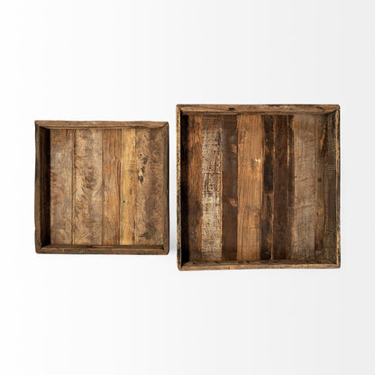 Set of Two Brown Wood Indoor Outdoor Tray With Handles