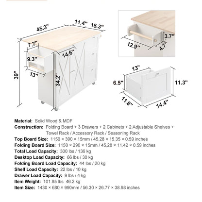 BENTISM 45.3-Inch Multifunctional Kitchen Island with Convenient Drawer and Adjustable Rack in Elegant White Finish