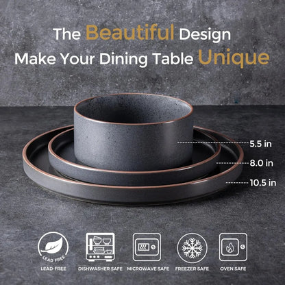 Ceramic Dinnerware Sets of 6, High Edge Stoneware Plates and Bowls Set, Chip and Crack Resistant |