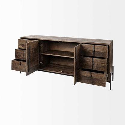 72" Brown Solid Wood Six Drawer Sideboard with Two Doors